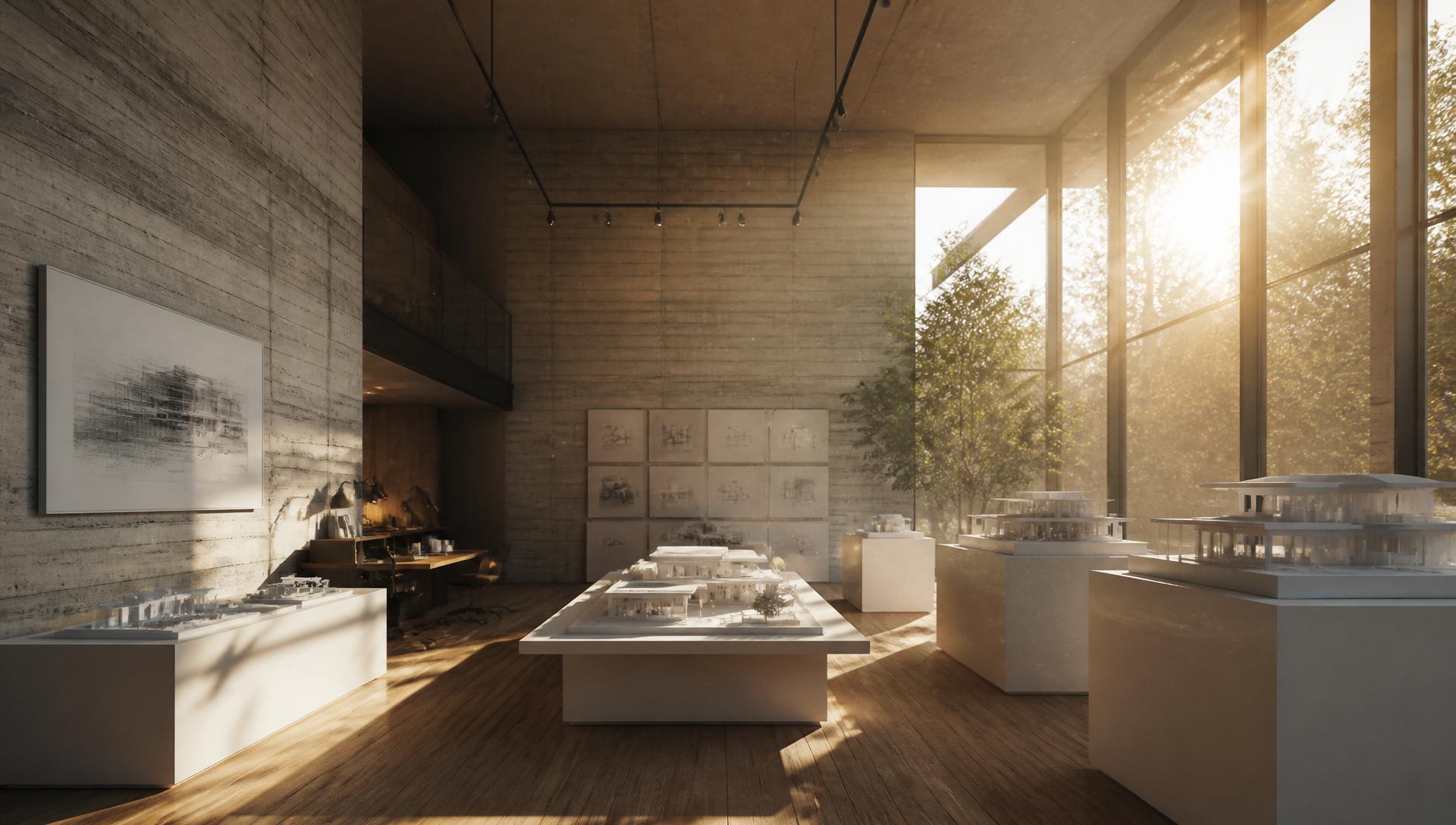 Sunlit architecture studio with concrete walls, oak floors and white scale models