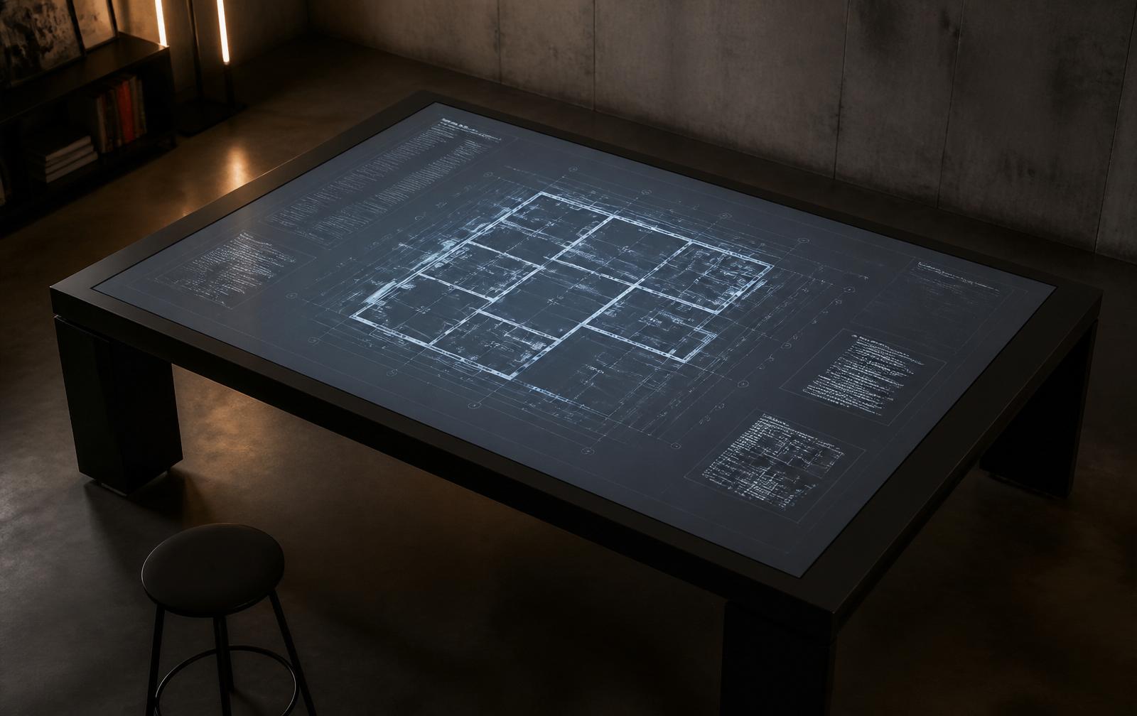 Digital architecture table with a floor plan projected on its surface